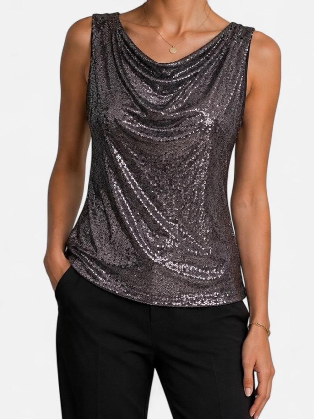 White House Black Market Gunmetal Sequin Drape-Neck Tank